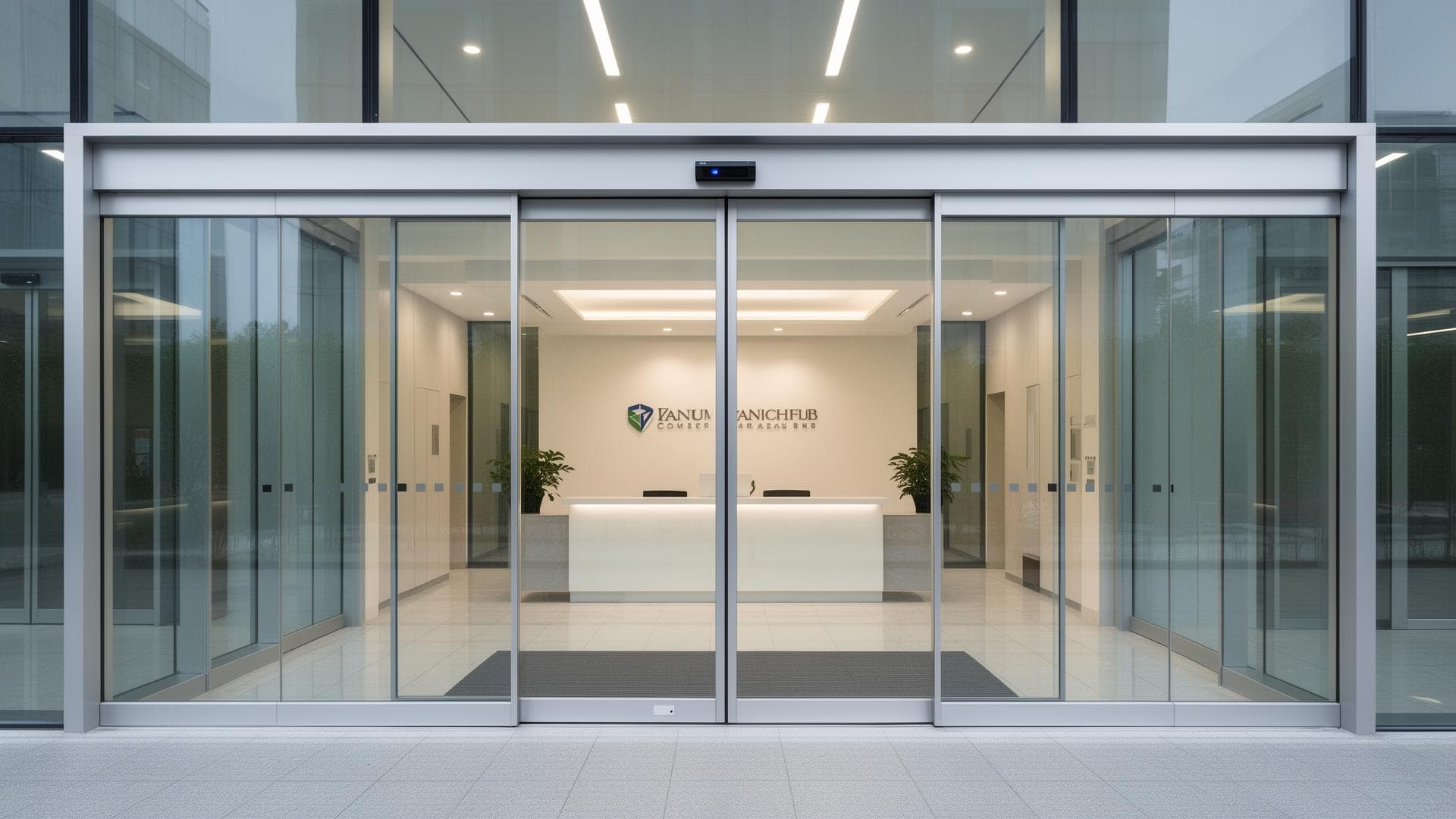 Automatic glass sliding doors at a commercial building entrance