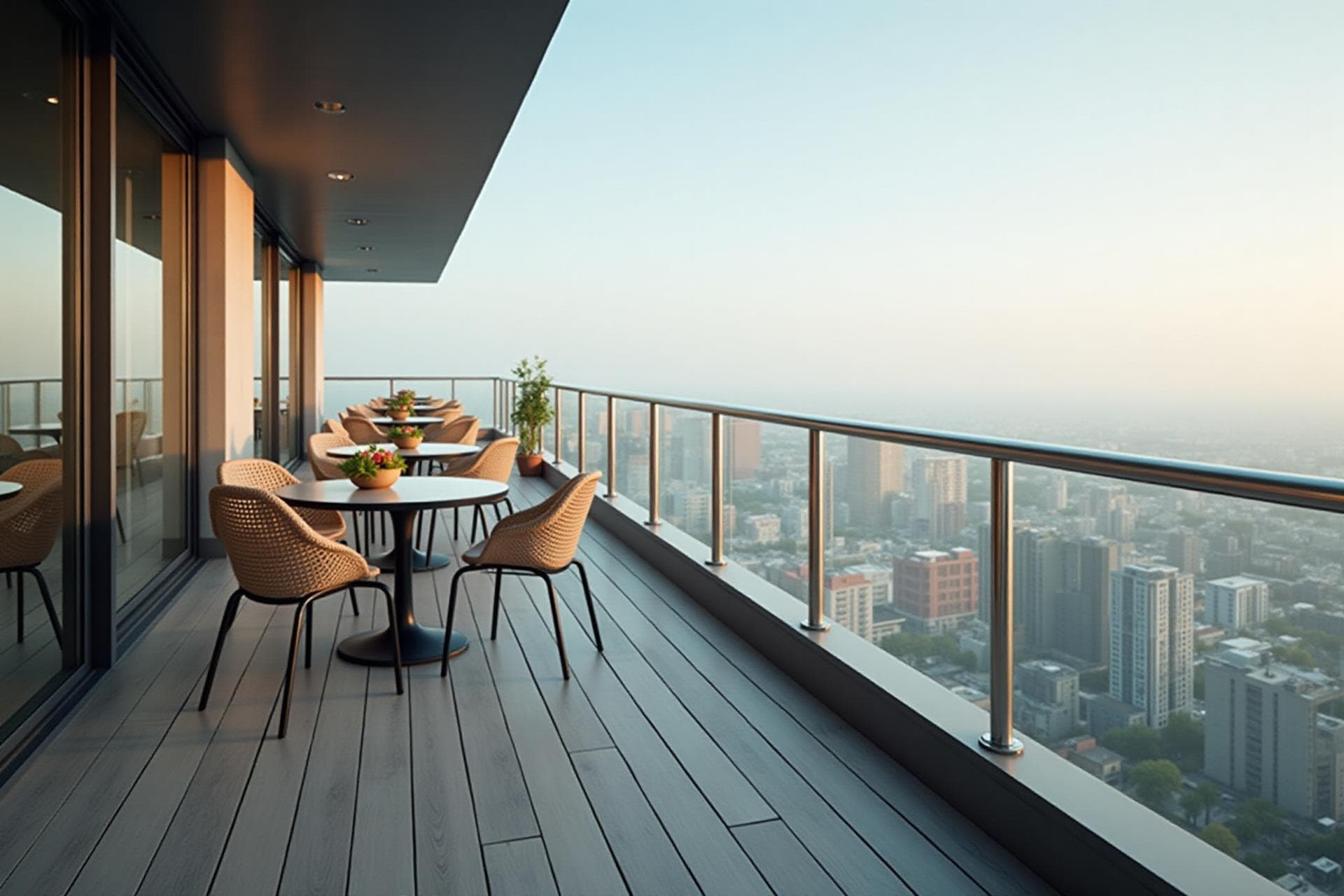 Frameless glass balustrade on a high-rise balcony with city views