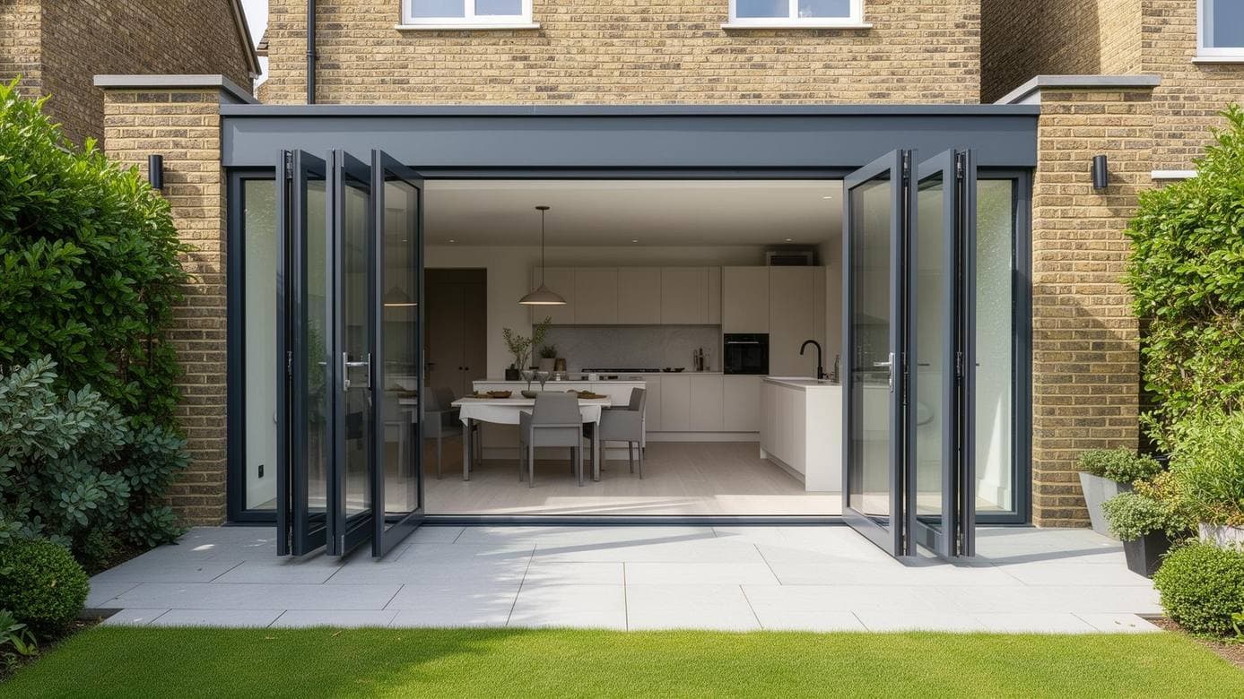 Dark grey aluminium bifold doors folded open from a kitchen extension onto a garden