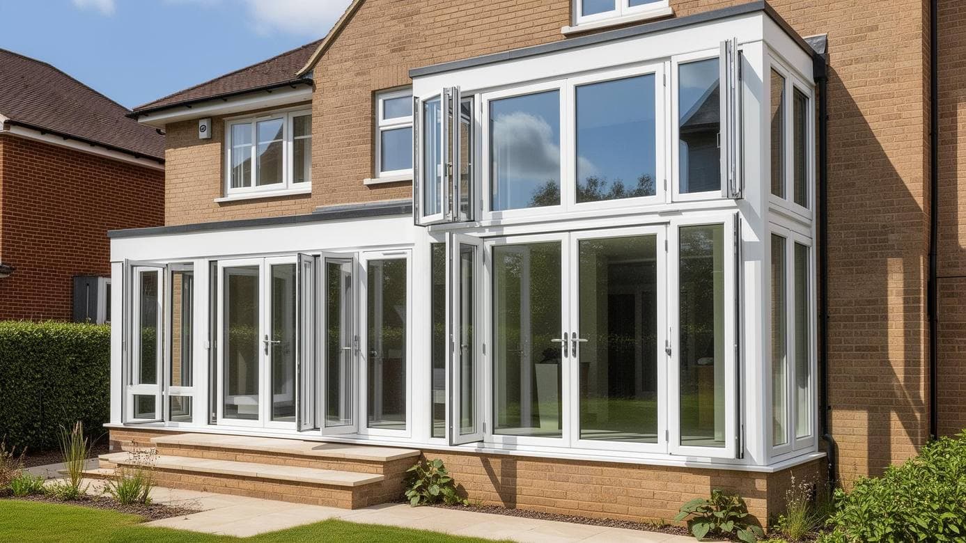 Brick house with white uPVC windows and a glazed rear extension with French doors