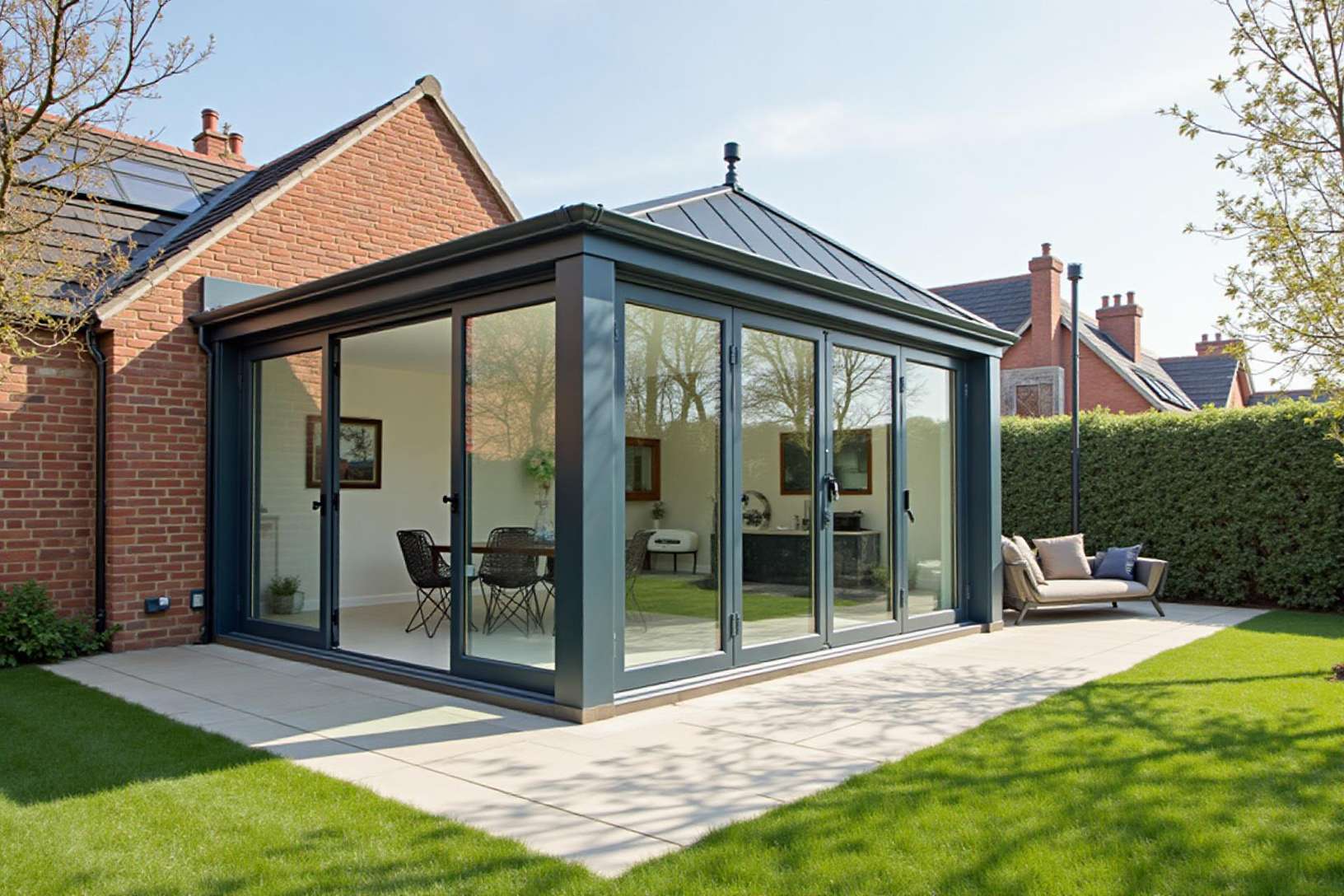 Grey-framed conservatory with a glass roof and patio doors to the lawn