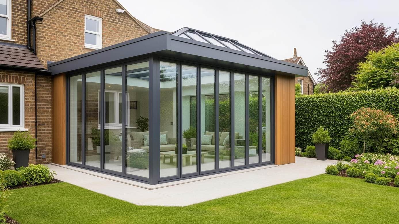 Dark grey aluminium conservatory with a glazed roof on a brick house