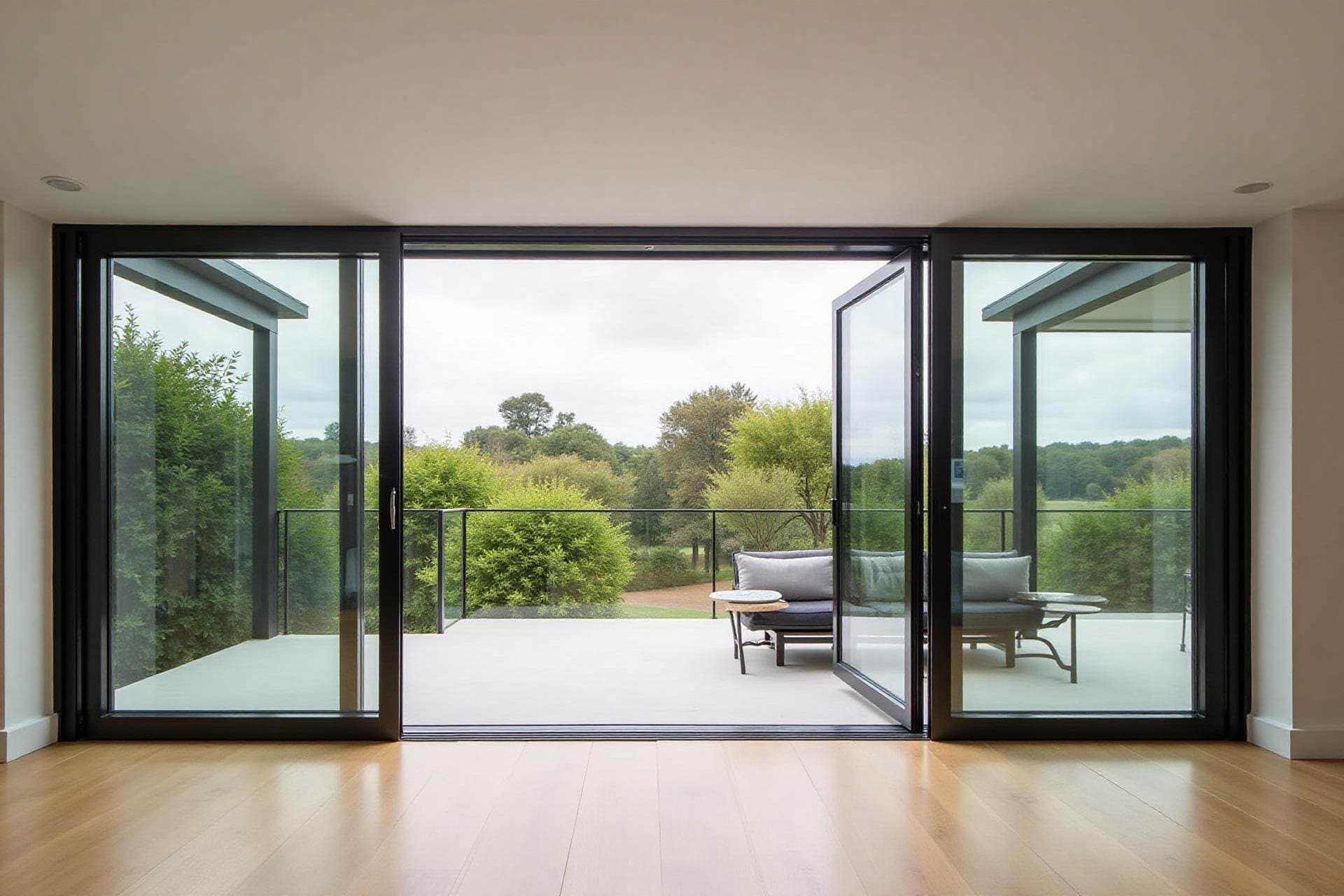 Floor-to-ceiling aluminium doors opening a room onto a terrace