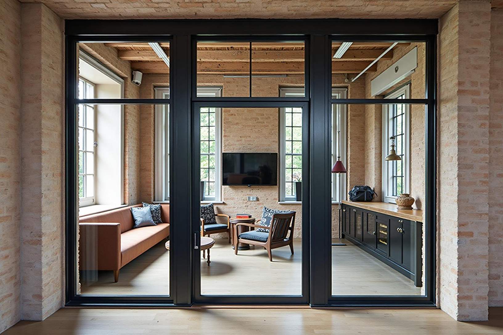 Black steel-look glazed screen and doors dividing a brick-walled living room