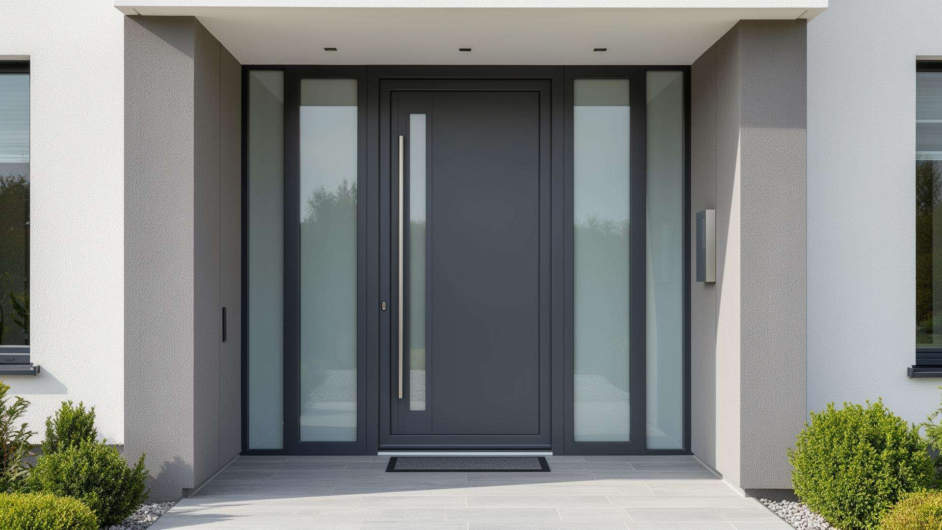 Contemporary grey front door with full-height glass side panels