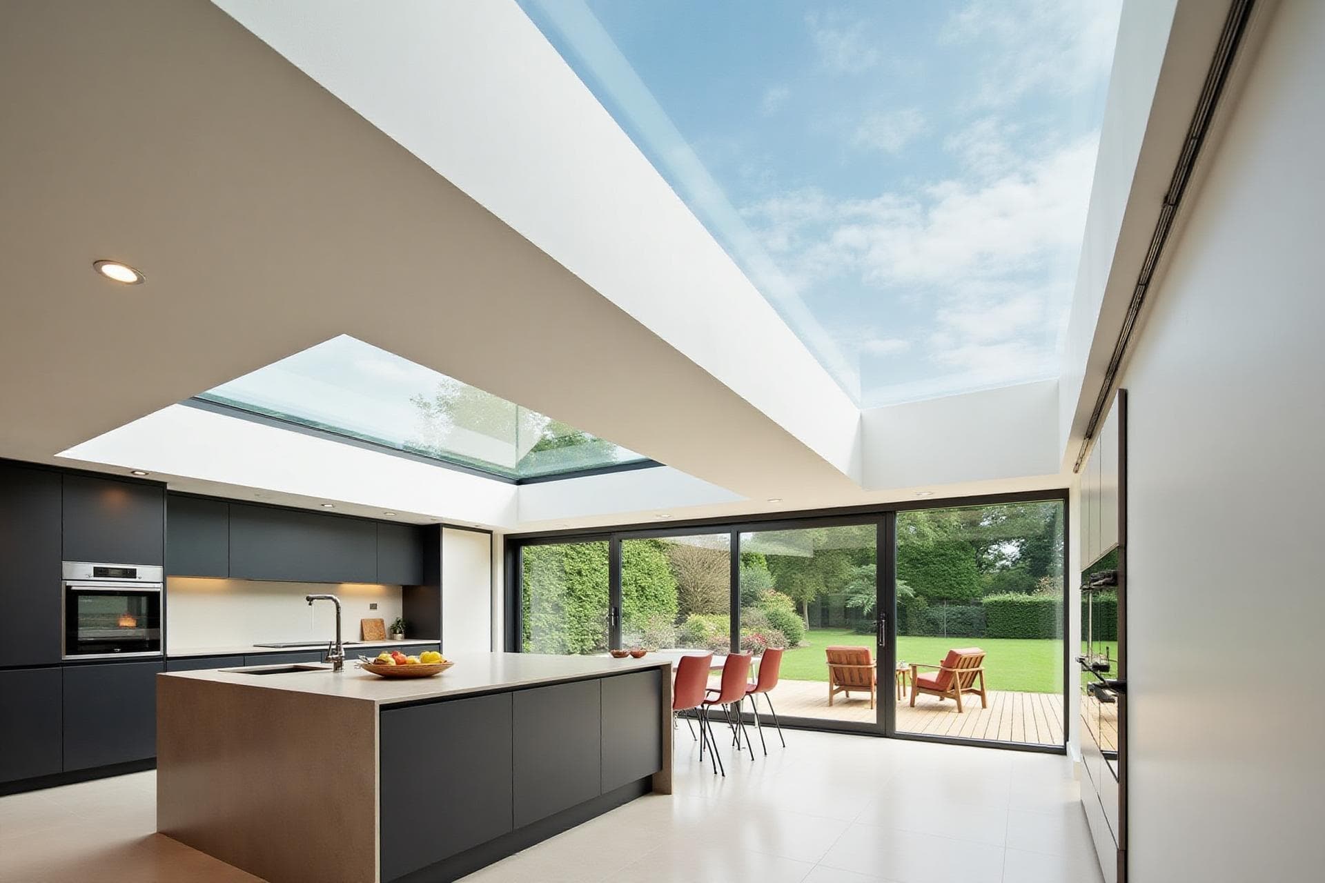 Large flat rooflight above an open-plan kitchen with glazed doors to the garden