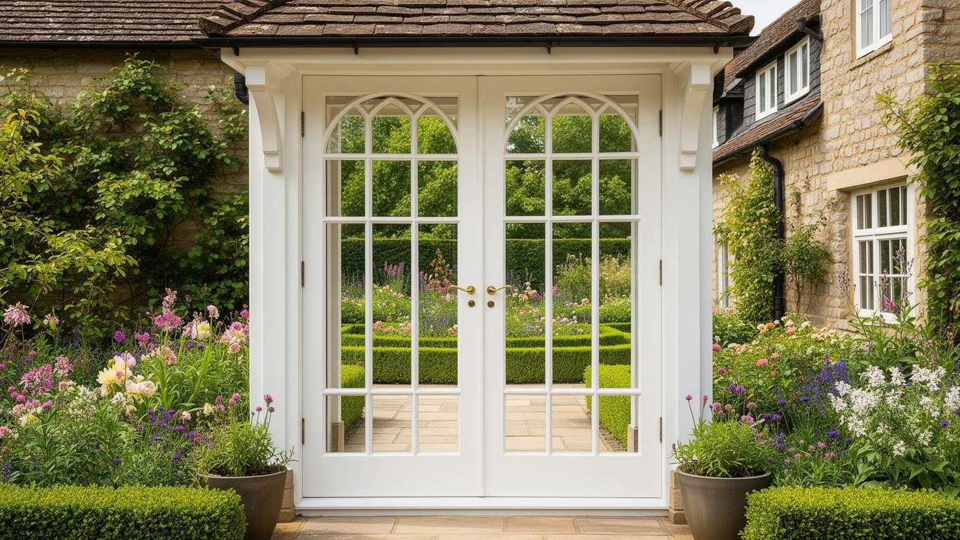 White French doors with arched glazing opening onto a cottage garden