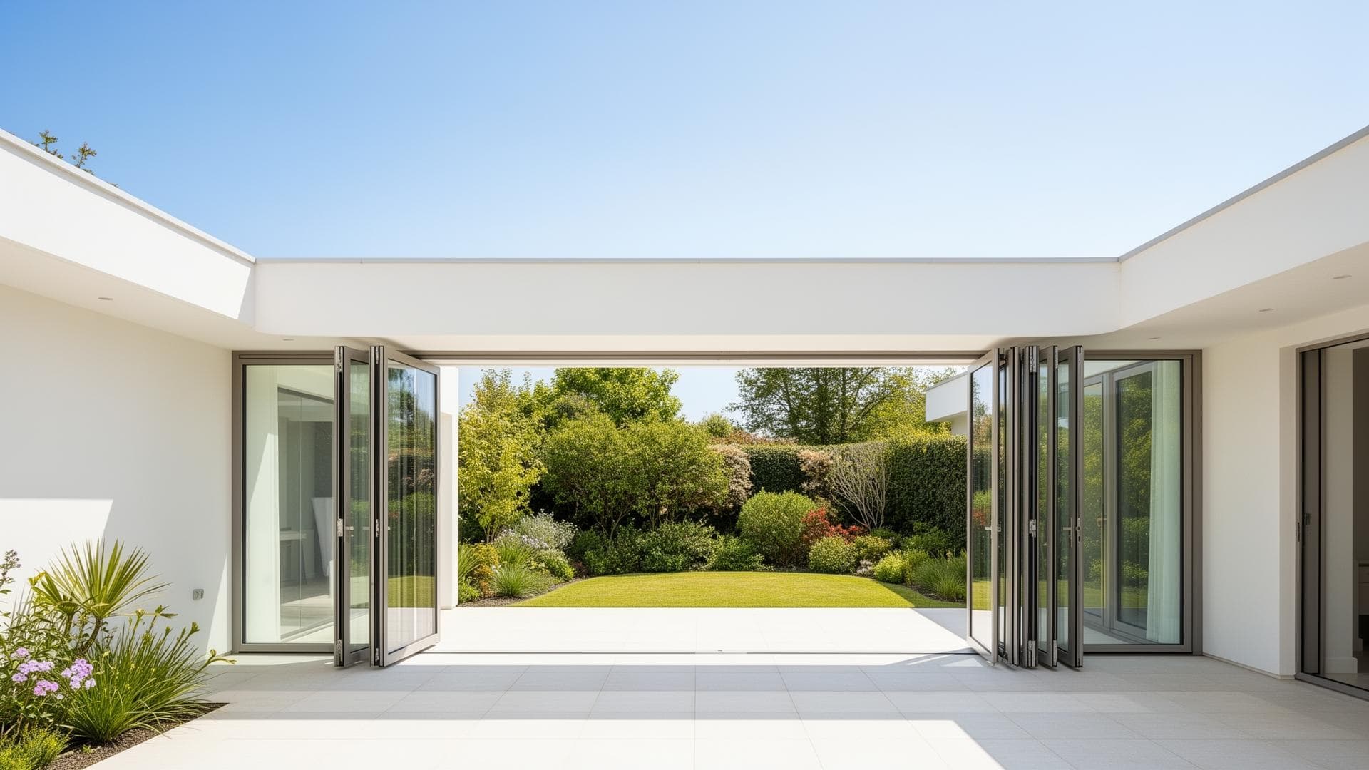 Slim aluminium bifold doors opening both sides of a courtyard garden
