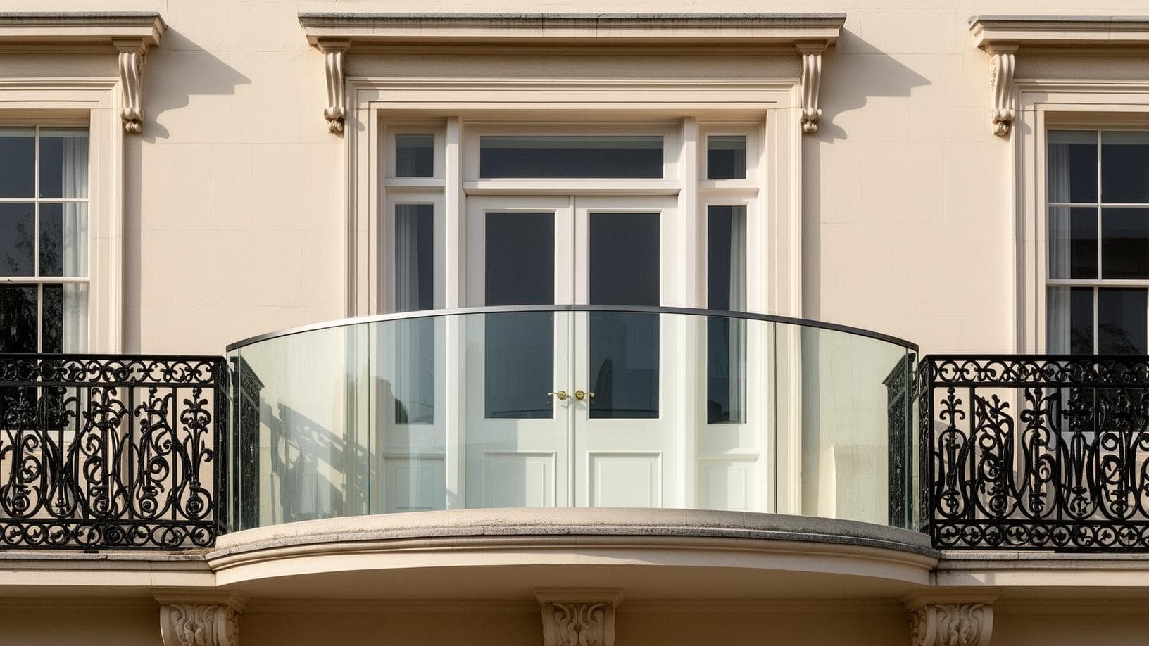 Curved glass Juliet balcony in front of French doors on a period façade