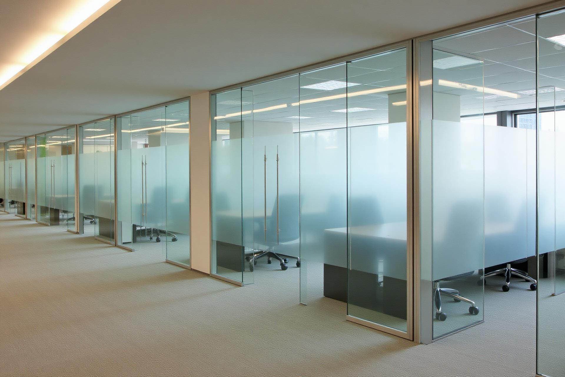 Frosted glass partitions dividing an open-plan office