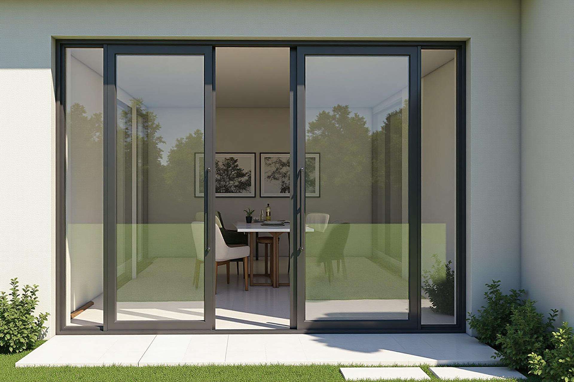 Grey aluminium glazed doors across the back of a dining room