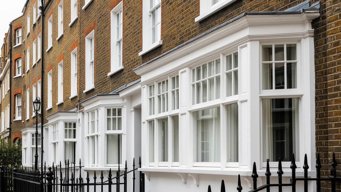 Georgian terrace with white sliding sash windows and bays behind black railings