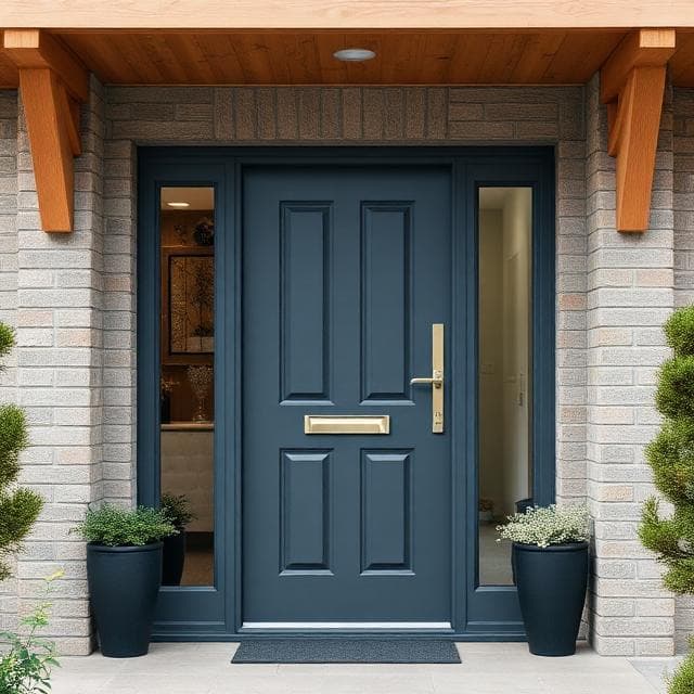 Navy panelled front door with brass furniture under a timber canopy