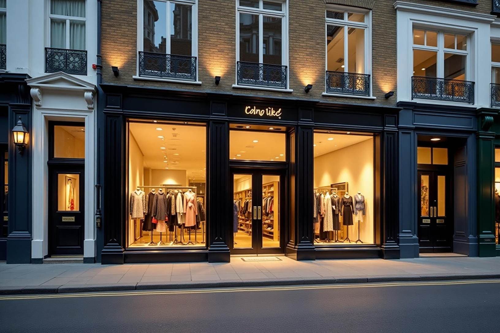 Black framed shopfront with large display windows lit at dusk