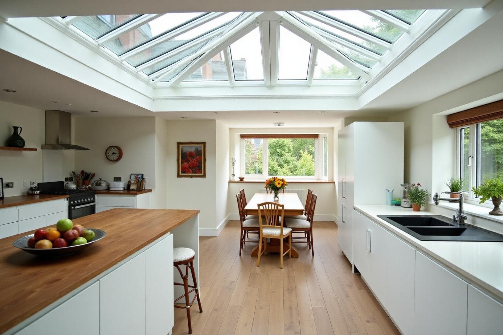 Glazed roof running the length of a bright kitchen-diner