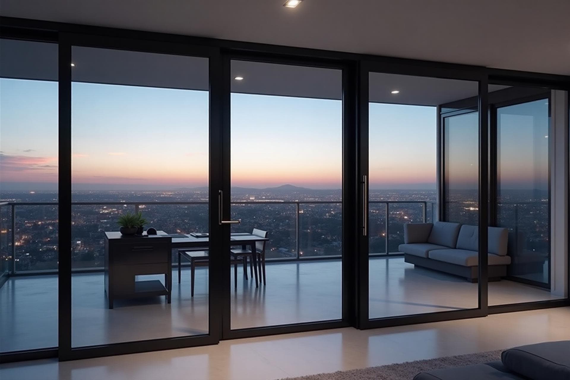 Black aluminium sliding doors framing a city view at dusk