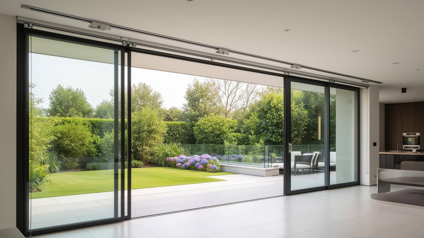 Large aluminium sliding doors opening a living room onto a lawn