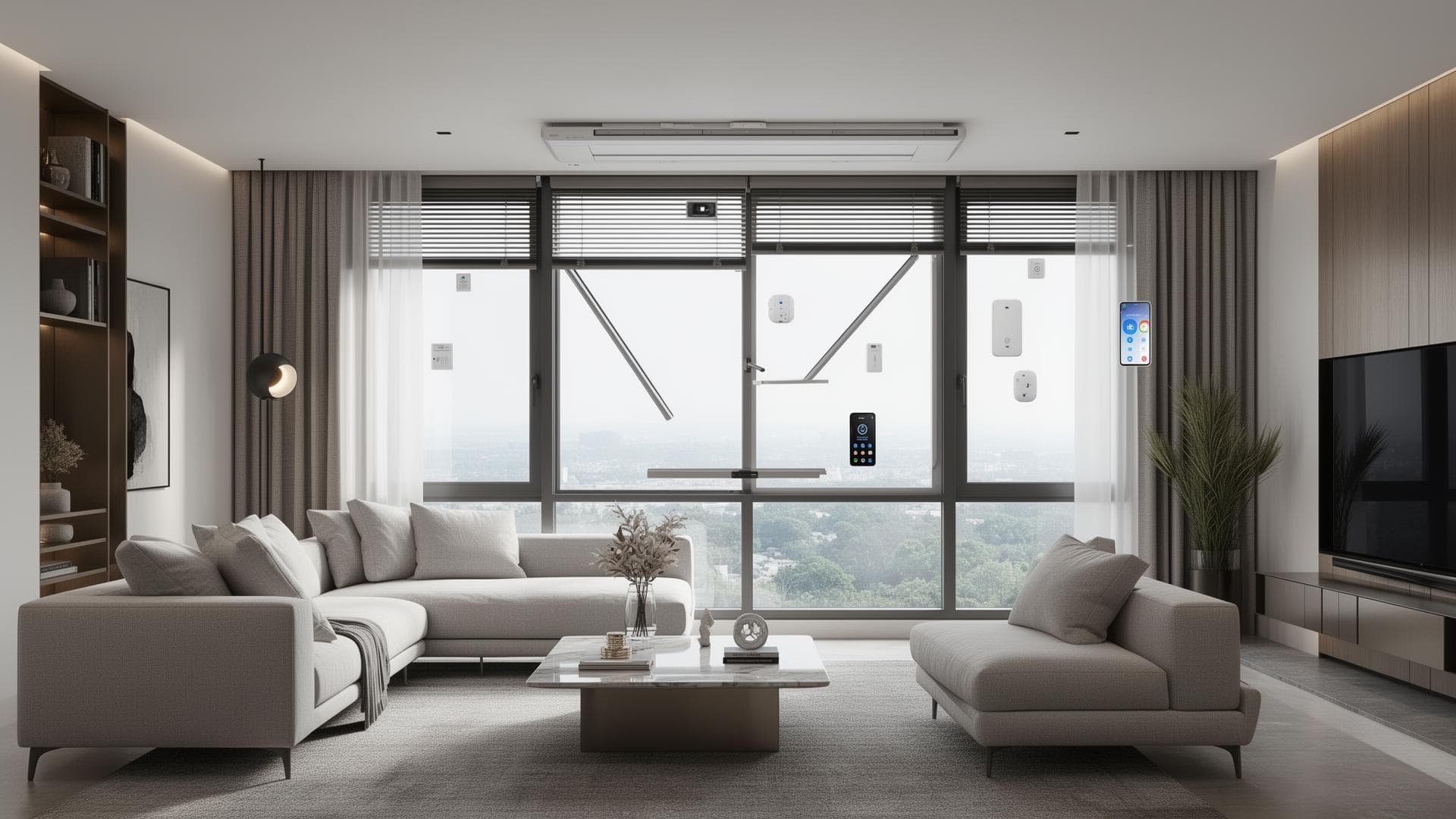 Living room with a large glazed wall and frosted privacy glass panels