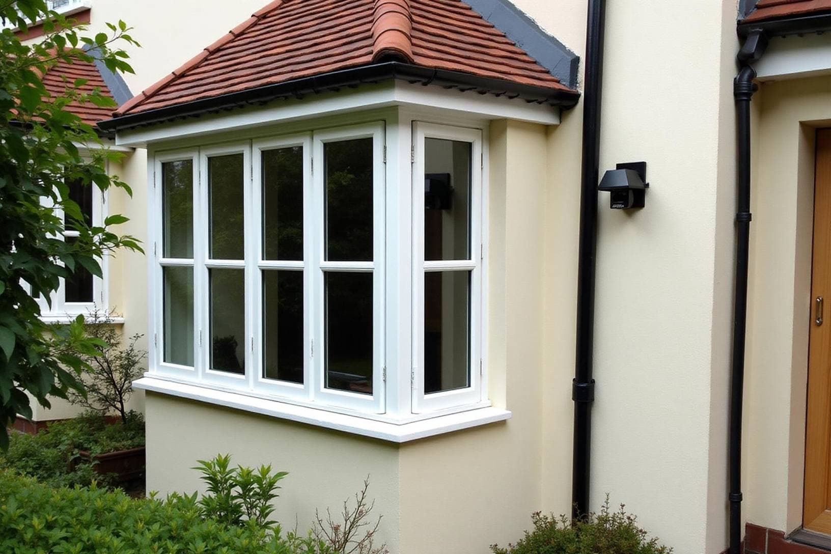 White casement bay window on a cream-rendered house