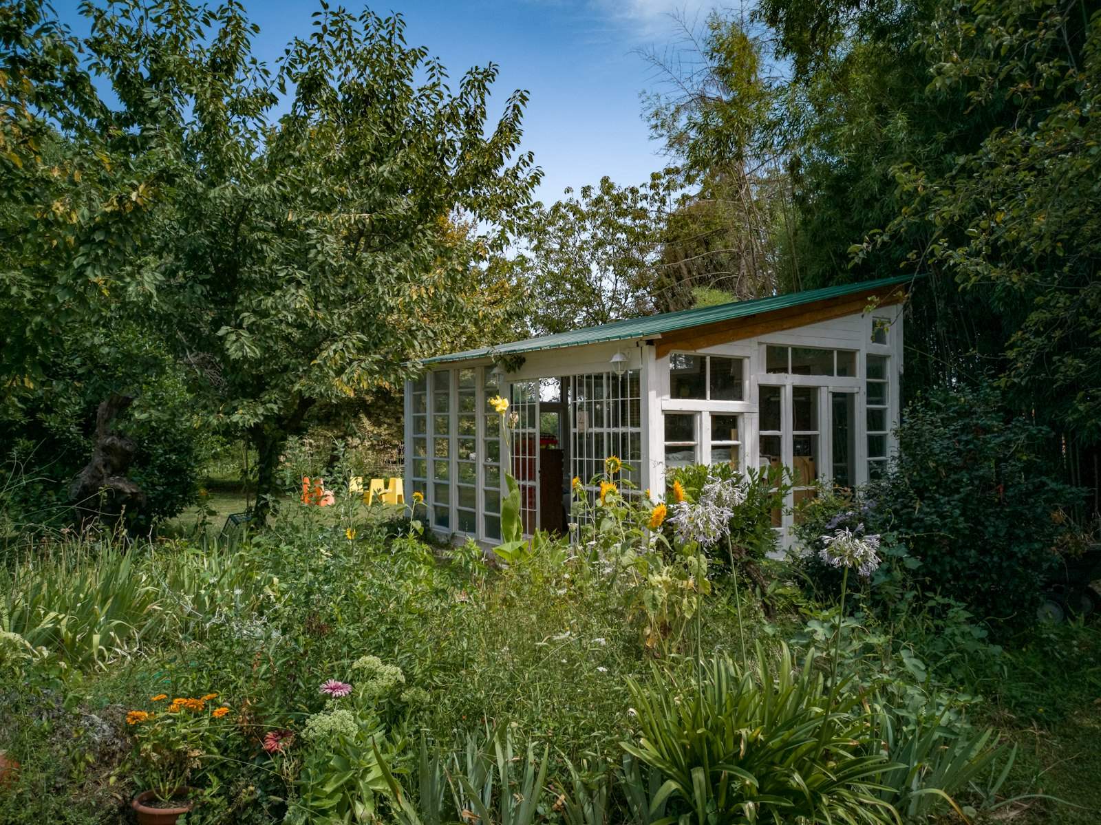 Glazed garden room set in a planted garden