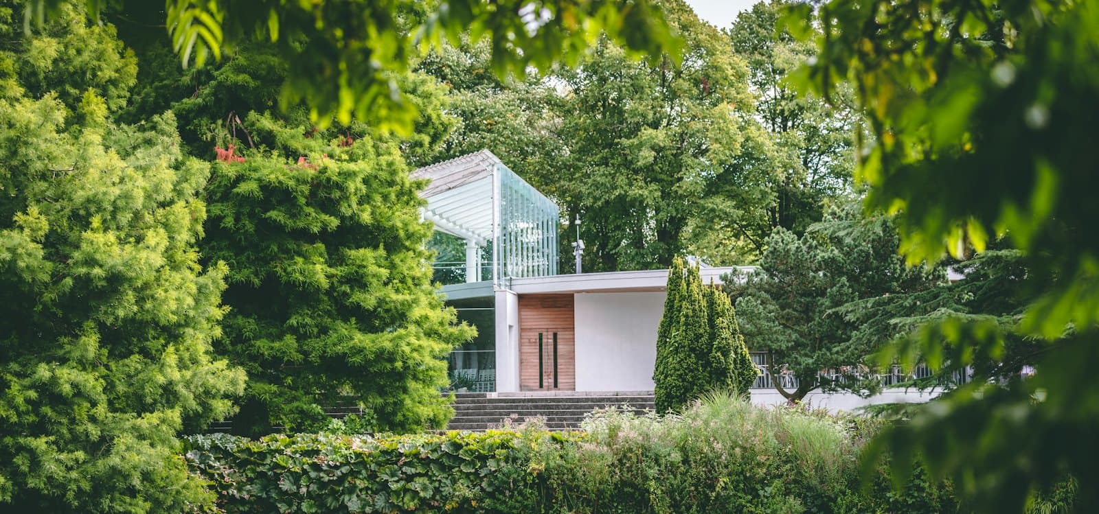 Glazed annex building among trees