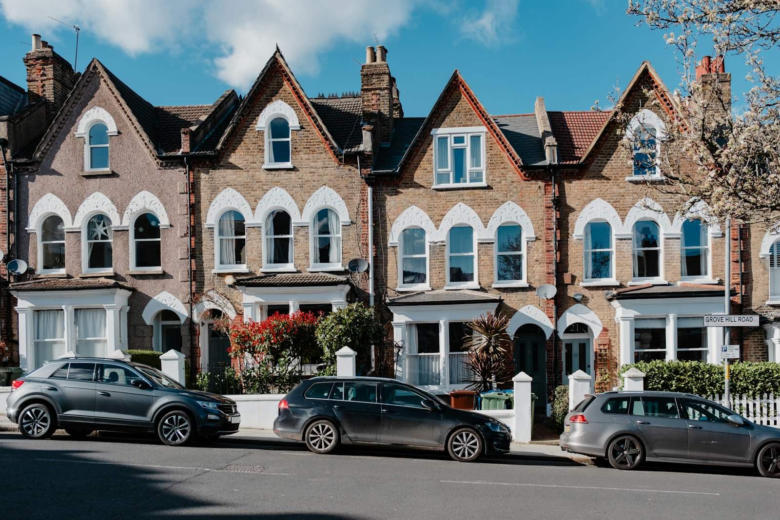 Victorian terraced houses with bay windows and gables